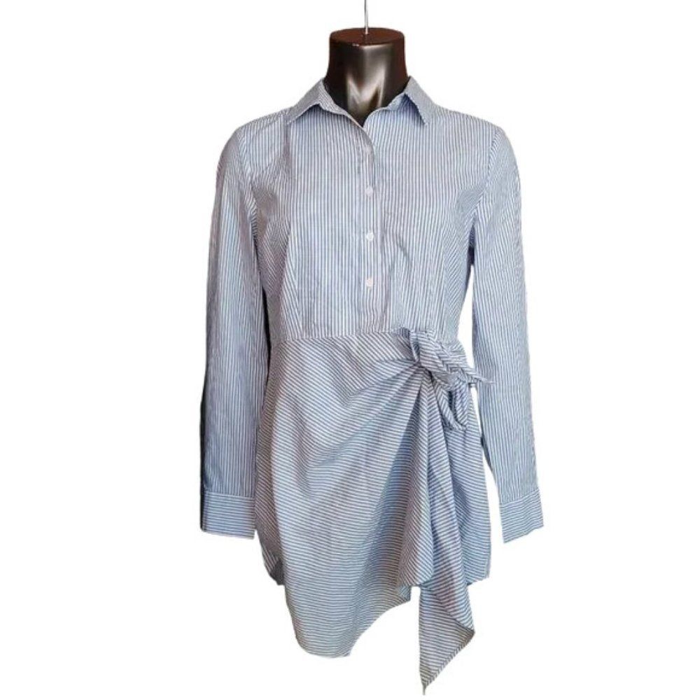 Como Vintage Striped Blue/White Long Sleeve Cotton Poplin Tie Waist Shirt dress